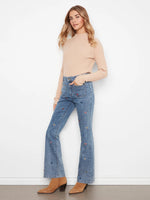 Charlie B Flare Leg Pants with Patch Pockets and All Over Embroidery