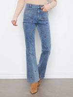 Charlie B Flare Leg Pants with Patch Pockets and All Over Embroidery