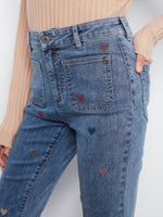 Charlie B Flare Leg Pants with Patch Pockets and All Over Embroidery