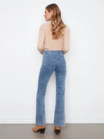 Charlie B Flare Leg Pants with Patch Pockets and All Over Embroidery