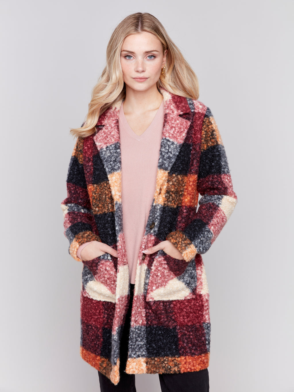 Charlie B Boucle Knit Plaid Coat - Cabernet