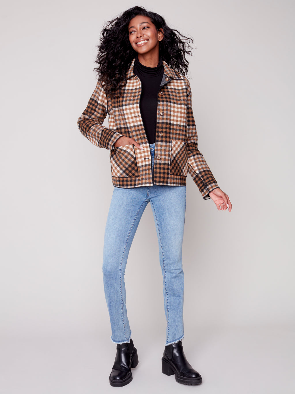 Charlie B Reversible Plaid Jacket - Truffle
