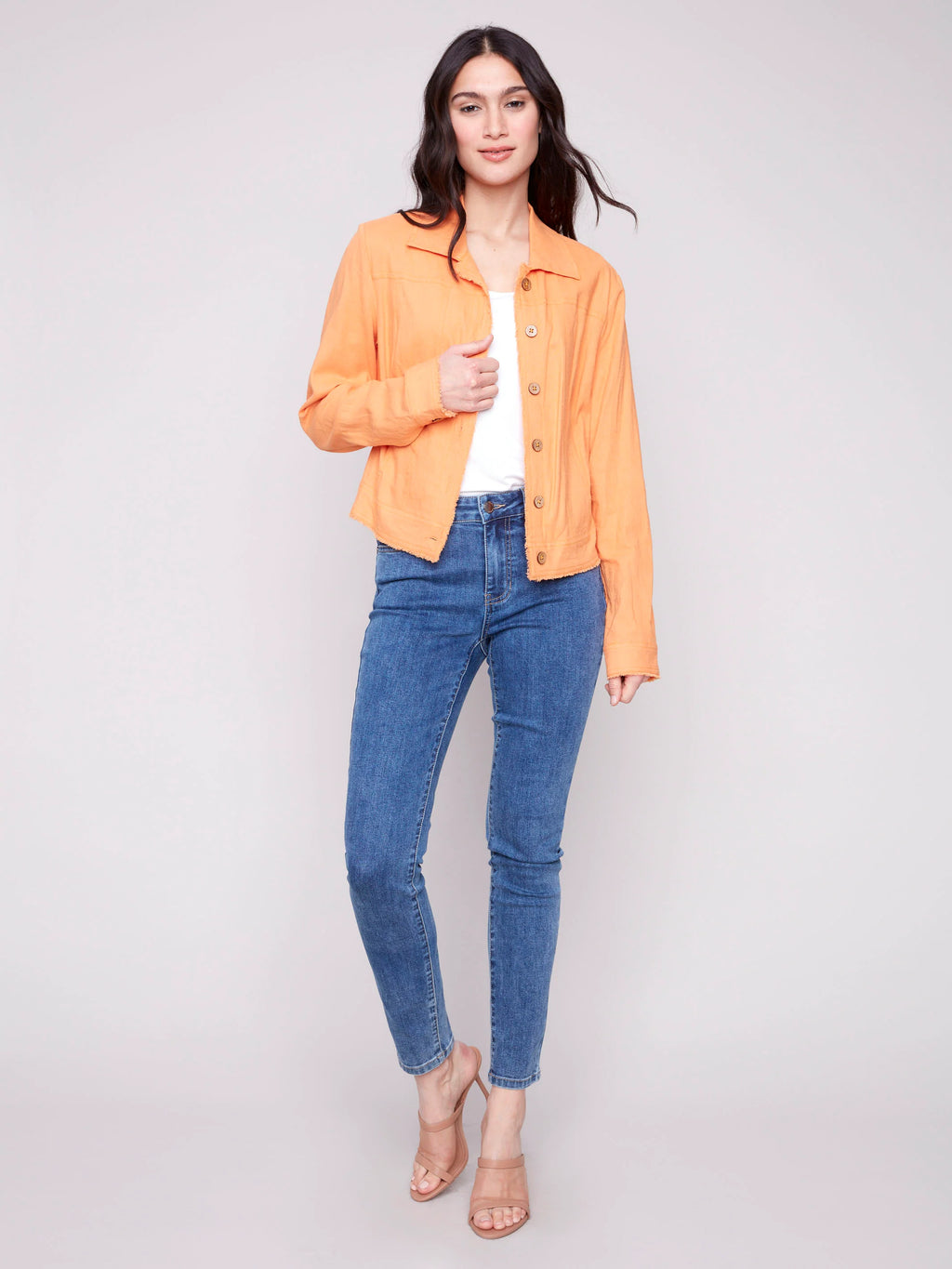 Charlie B Linen Jean Jacket Style with Frayed Edge - Papaya