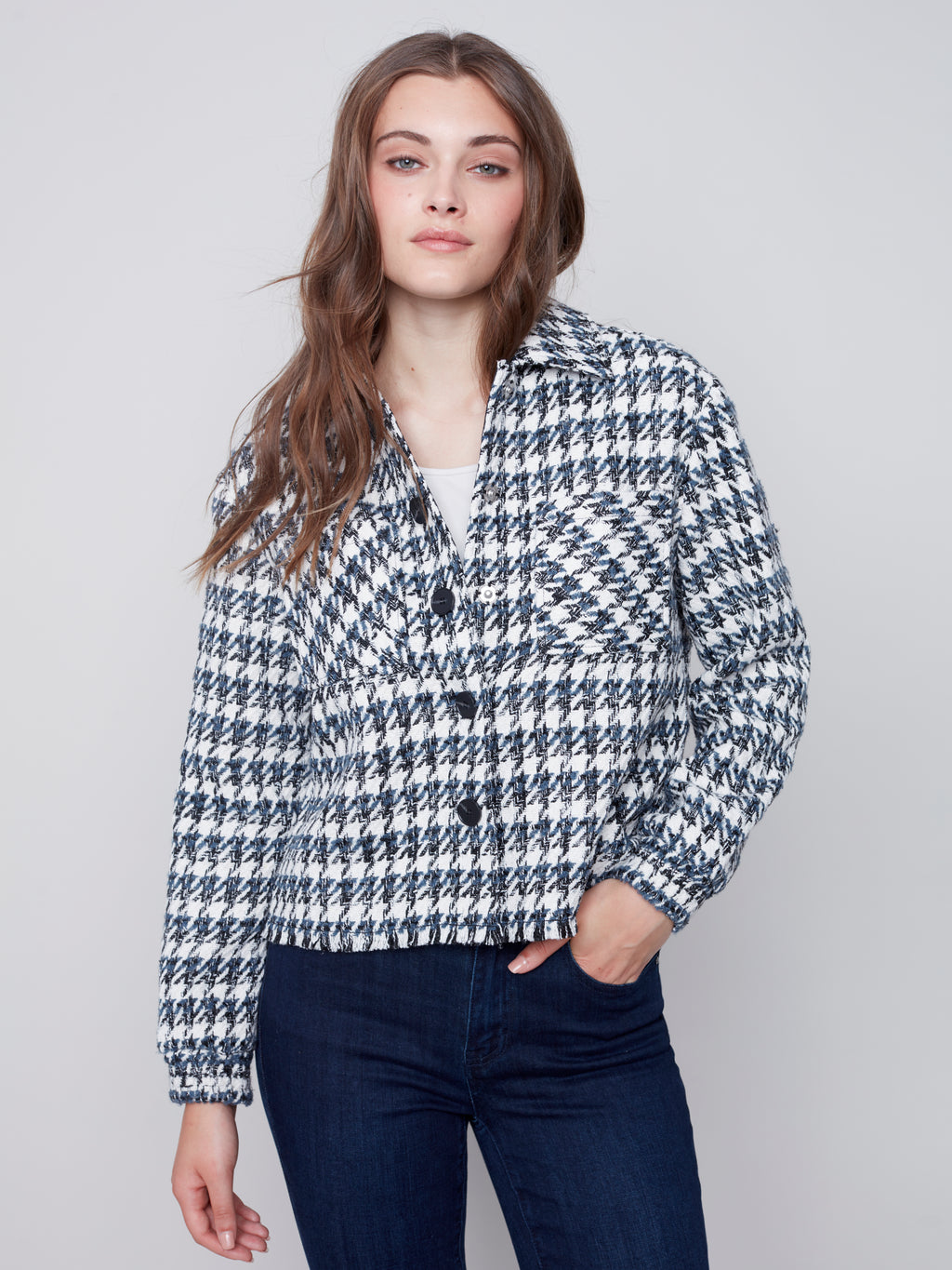 Charlie B Tweed Boxy Crop Jacket - Denim