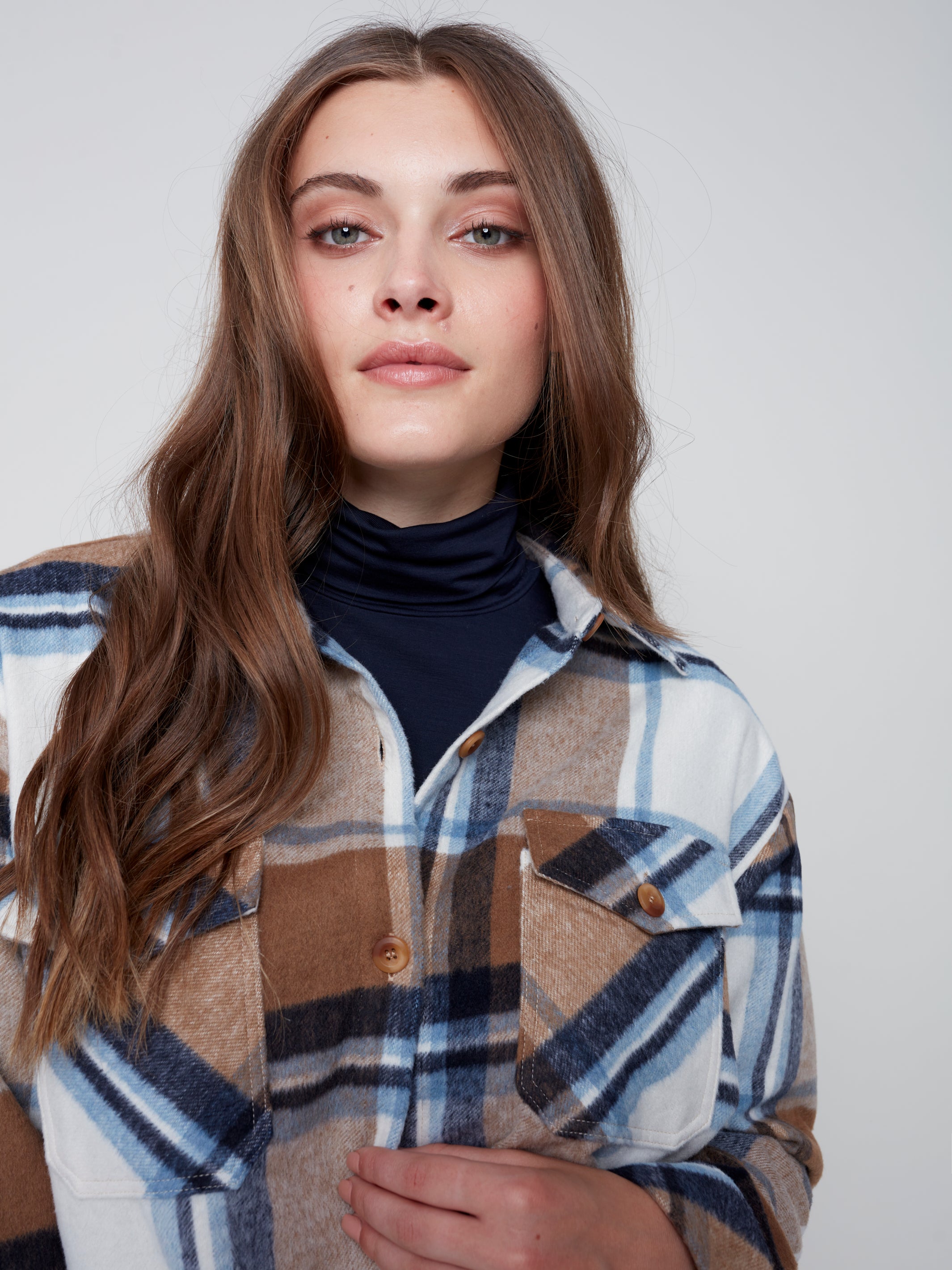 Charlie B Plaid Flannel Shirt Jacket in Truffle