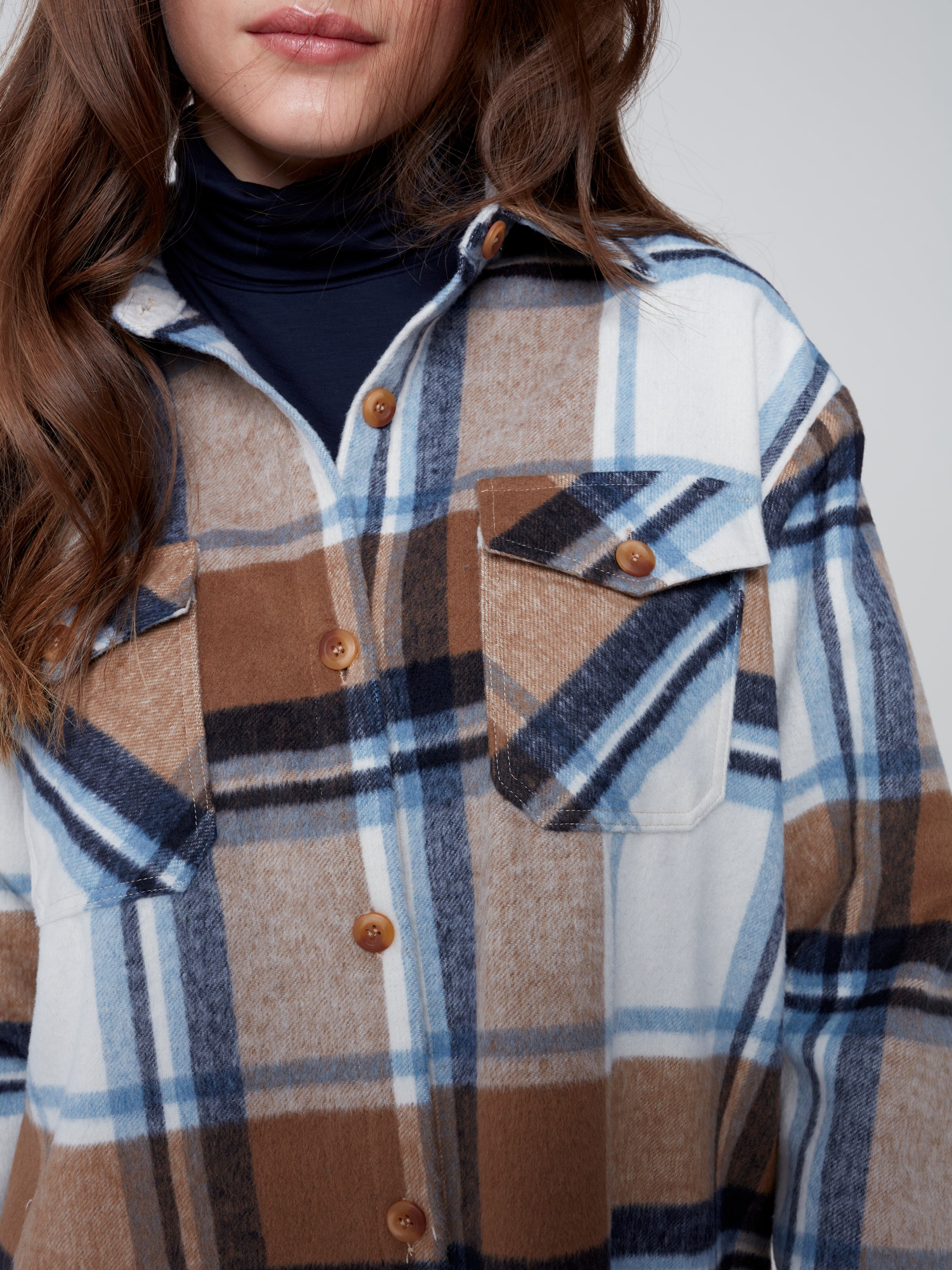 Charlie B Plaid Flannel Shirt Jacket in Truffle