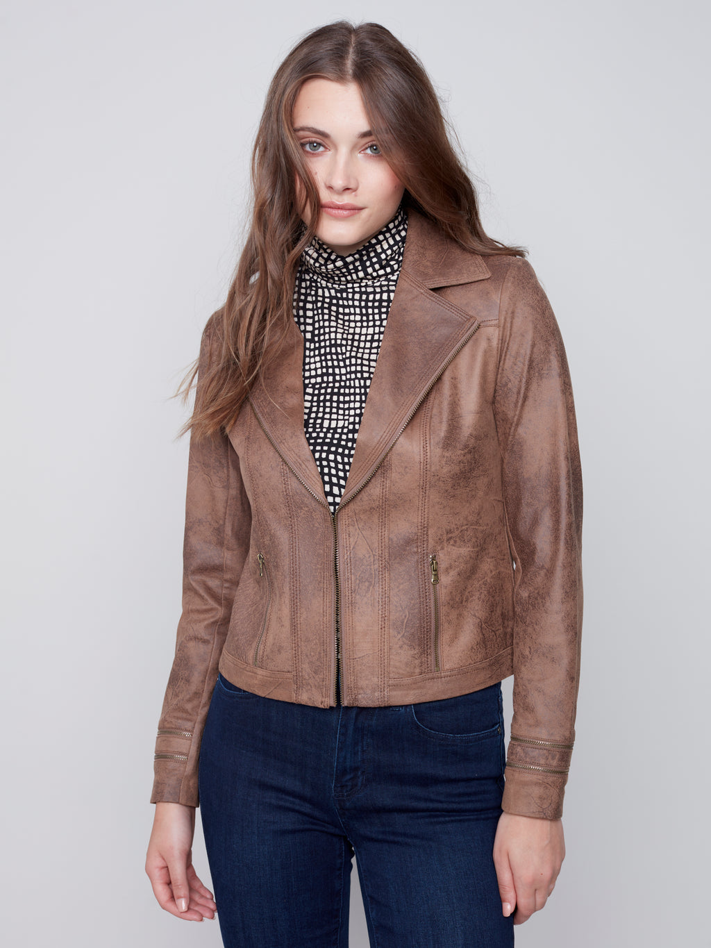 Charlie B Vintage Textured Faux Suede Jacket- Truffle