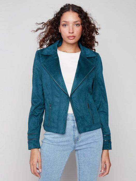 Charlie B Vintage Textured Faux Suede Jacket- Evergreen