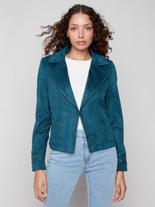Charlie B Vintage Textured Faux Suede Jacket- Evergreen