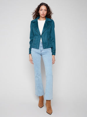 Charlie B Vintage Textured Faux Suede Jacket- Evergreen