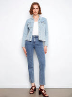 Charlie B Stretch Twill Jean Jacket with Fray Hem - Bleach Blue