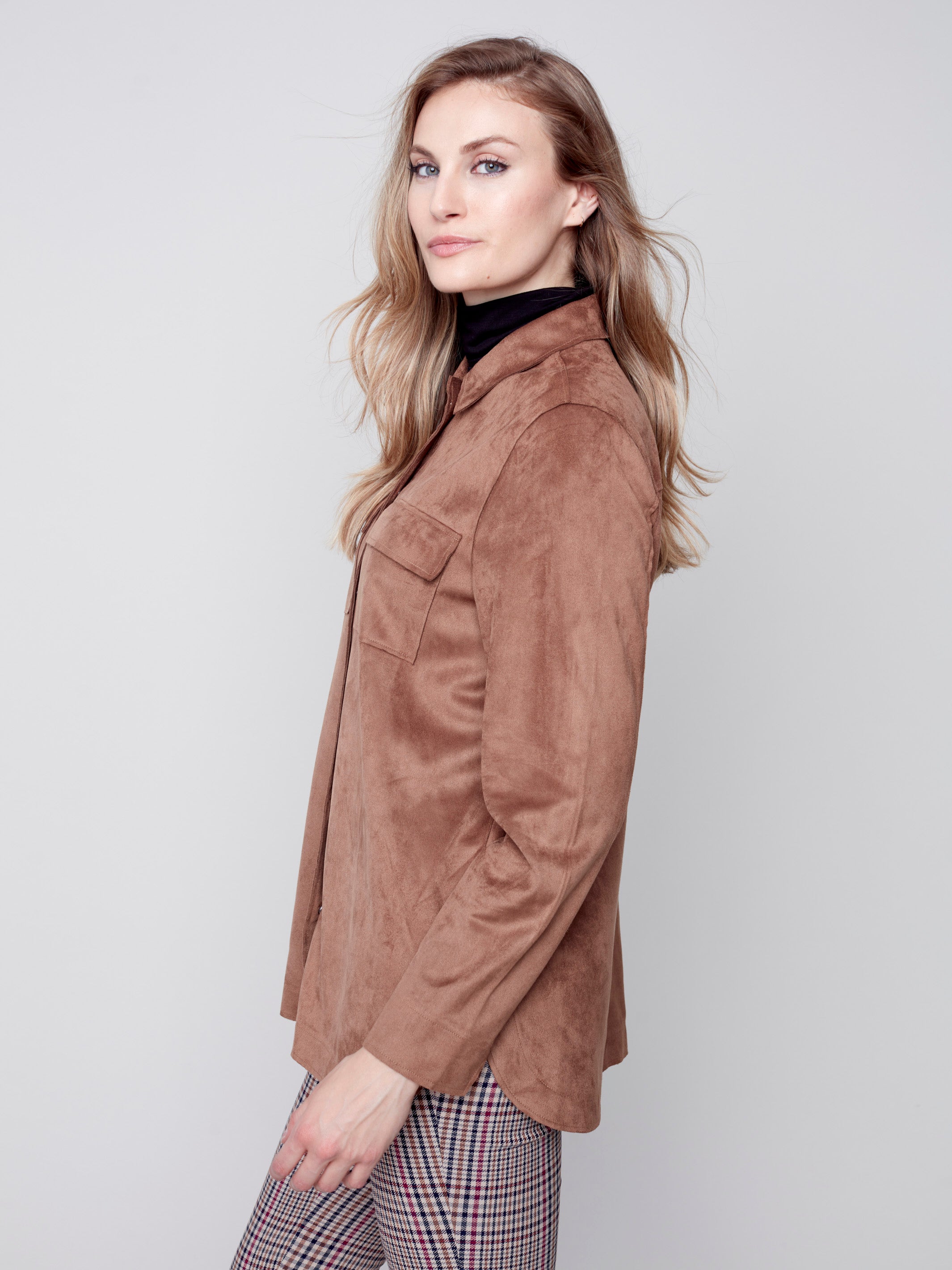 Charlie B Faux Suede Shirt Jacket with Snap Front - Truffle