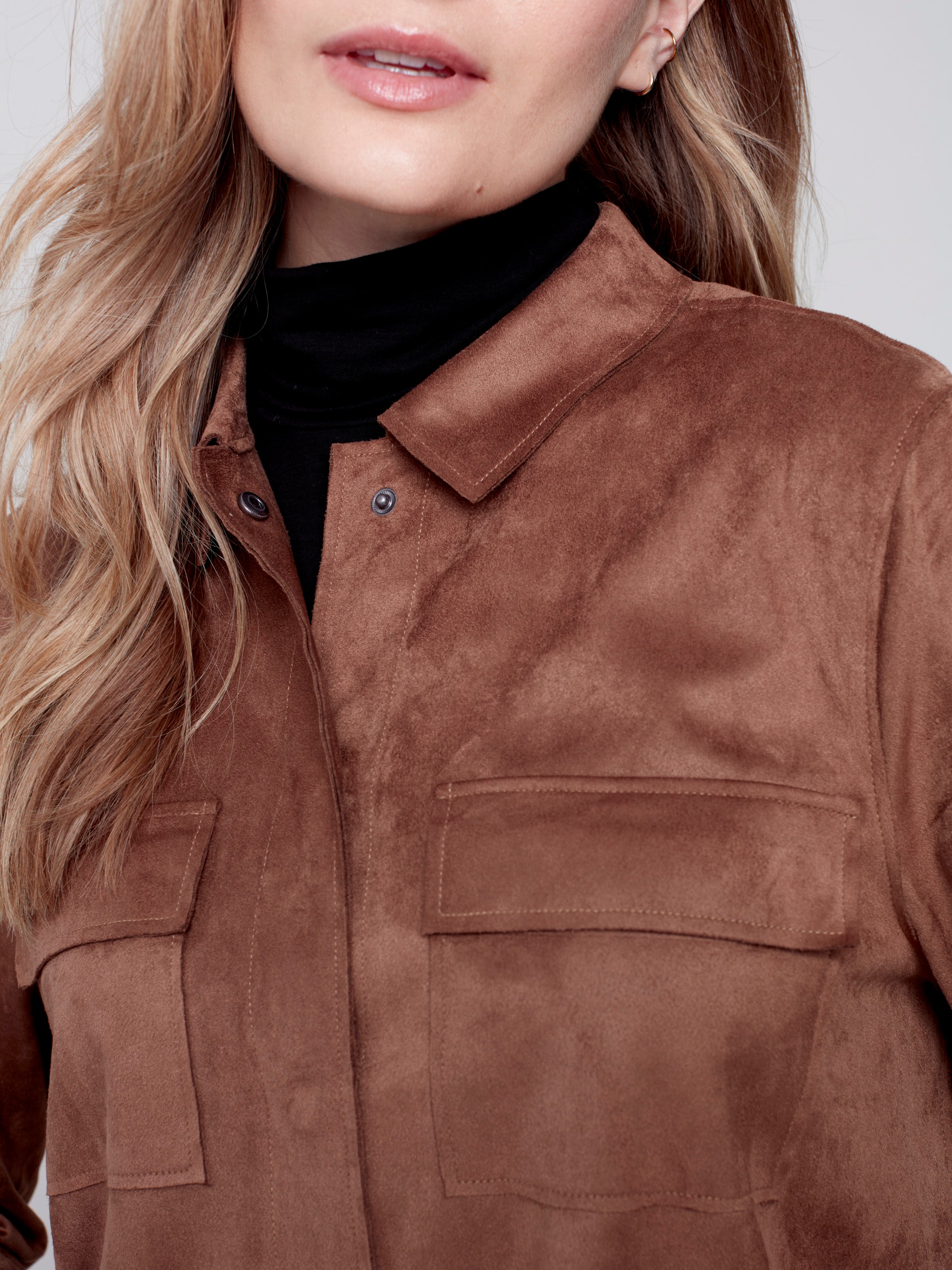 Charlie B Faux Suede Shirt Jacket with Snap Front - Truffle