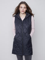 Charlie B Long Puffer Quilted Sleeveless Vest with Hood - Black