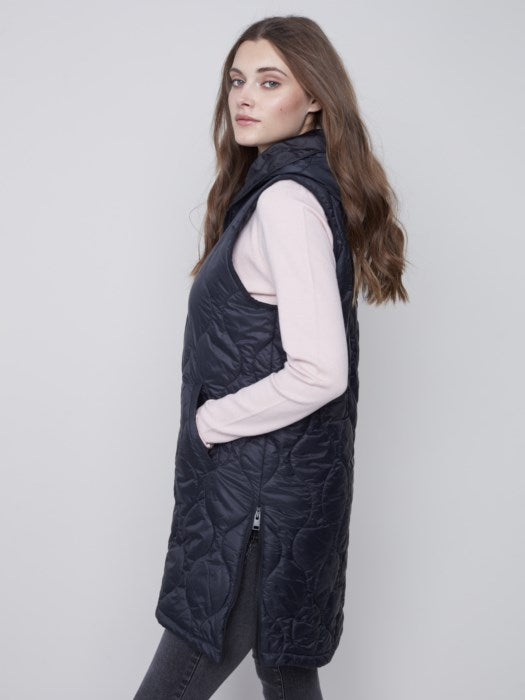 Charlie B Long Puffer Quilted Sleeveless Vest with Hood - Black
