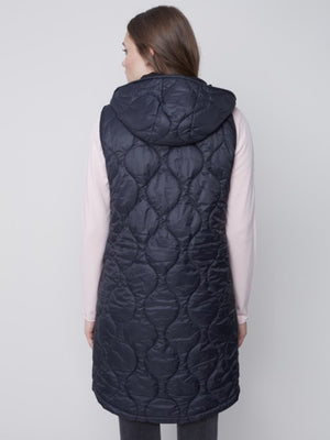 Charlie B Long Puffer Quilted Sleeveless Vest with Hood - Black
