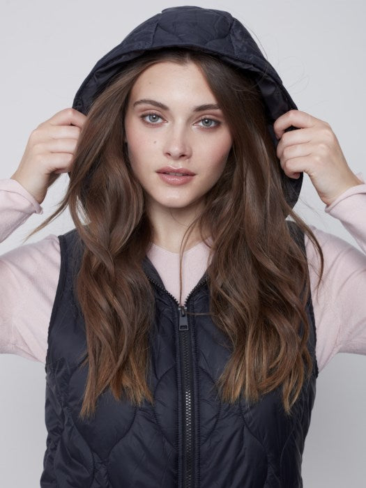 Charlie B Long Puffer Quilted Sleeveless Vest with Hood - Black