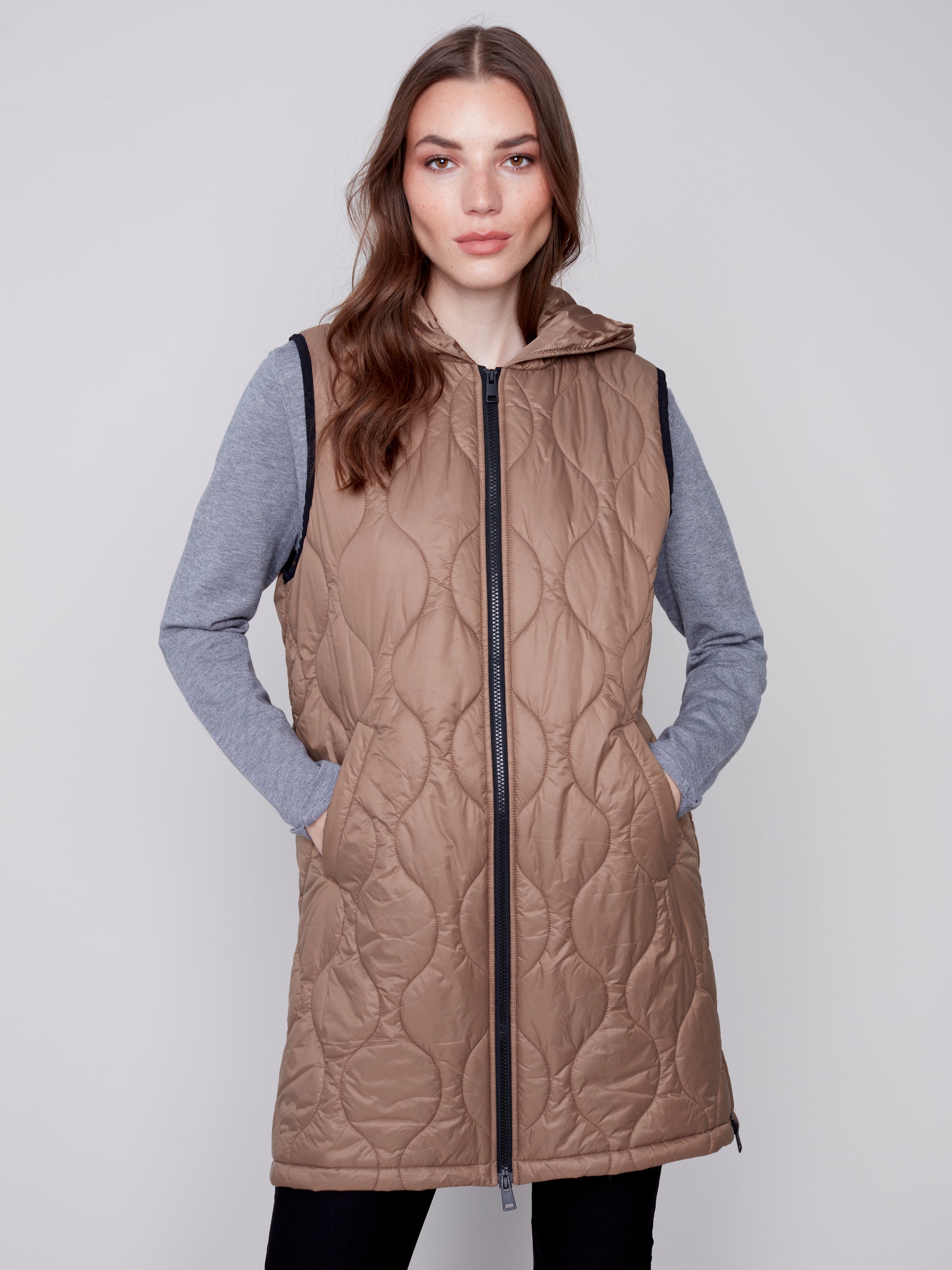 Charlie B Long Puffer Quilted Sleeveless Vest with Hood - Truffle