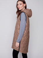 Charlie B Long Puffer Quilted Sleeveless Vest with Hood - Truffle