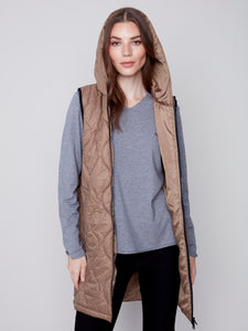 Charlie B Long Puffer Quilted Sleeveless Vest with Hood - Truffle