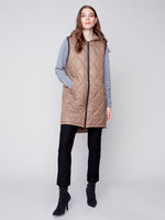 Charlie B Long Puffer Quilted Sleeveless Vest with Hood - Truffle