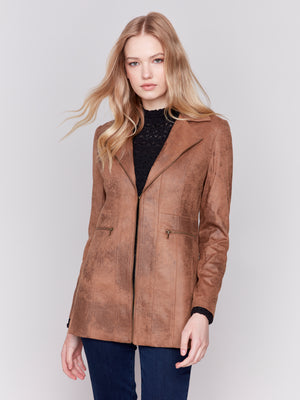 Charlie B Vintage Texture Faux Suede Long Jacket with Zipper Details - Truffle