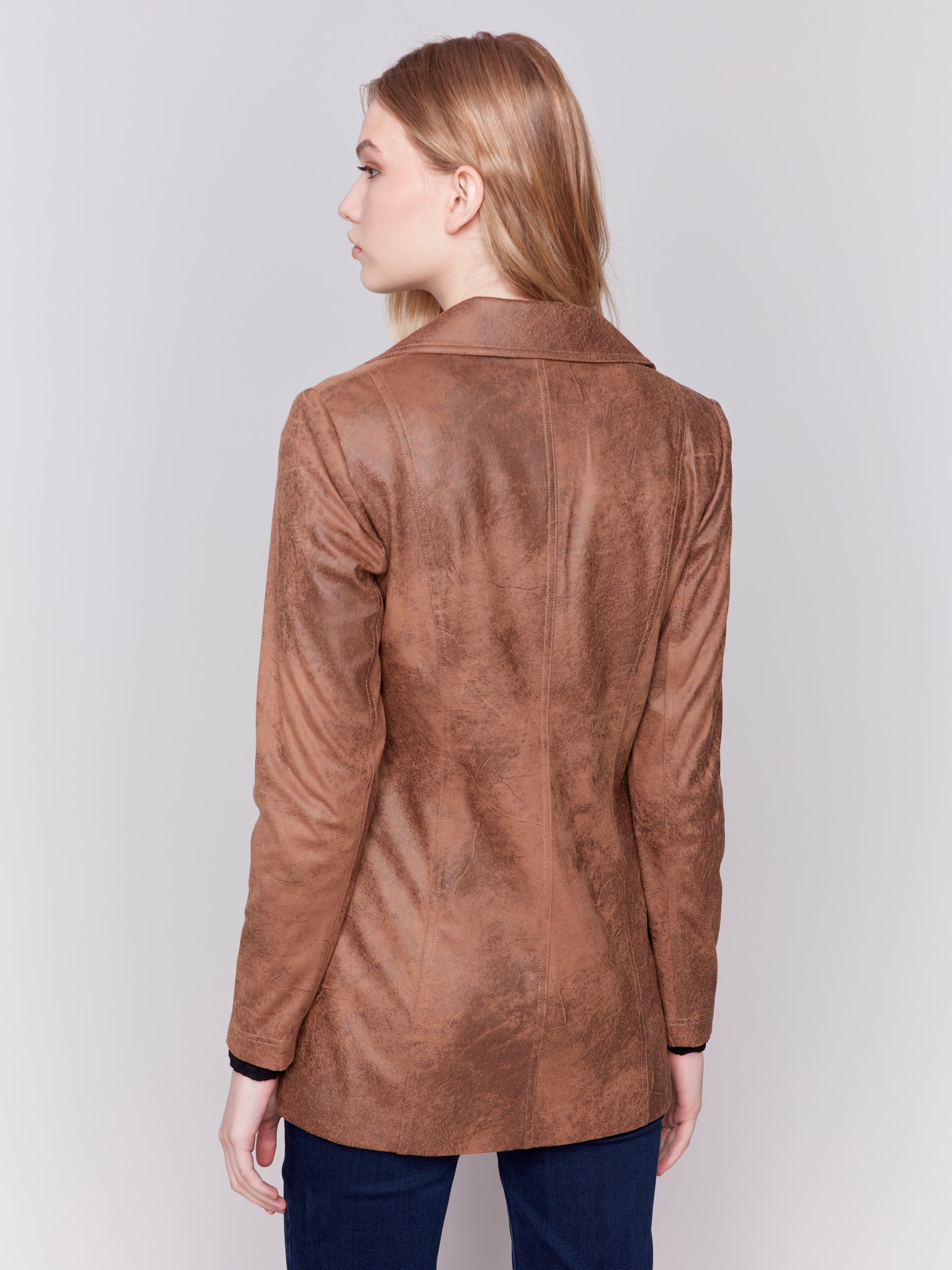 Charlie B Vintage Texture Faux Suede Long Jacket with Zipper Details - Truffle