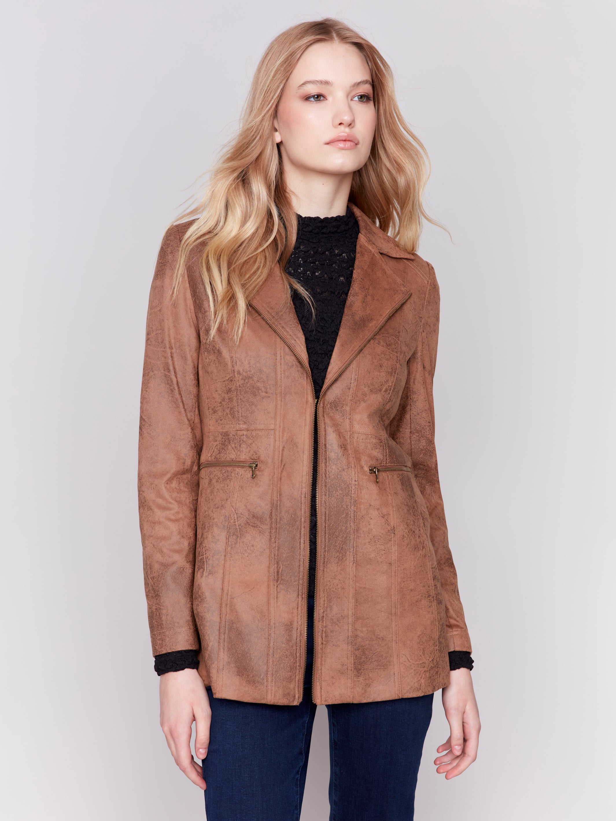 Charlie B Vintage Texture Faux Suede Long Jacket with Zipper Details - Truffle