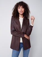 Charlie B Vintage Texture Faux Suede Long Jacket with Zipper Details - Chocolate