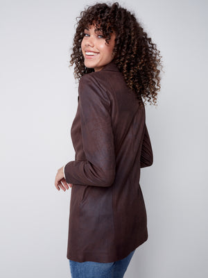 Charlie B Vintage Texture Faux Suede Long Jacket with Zipper Details - Chocolate