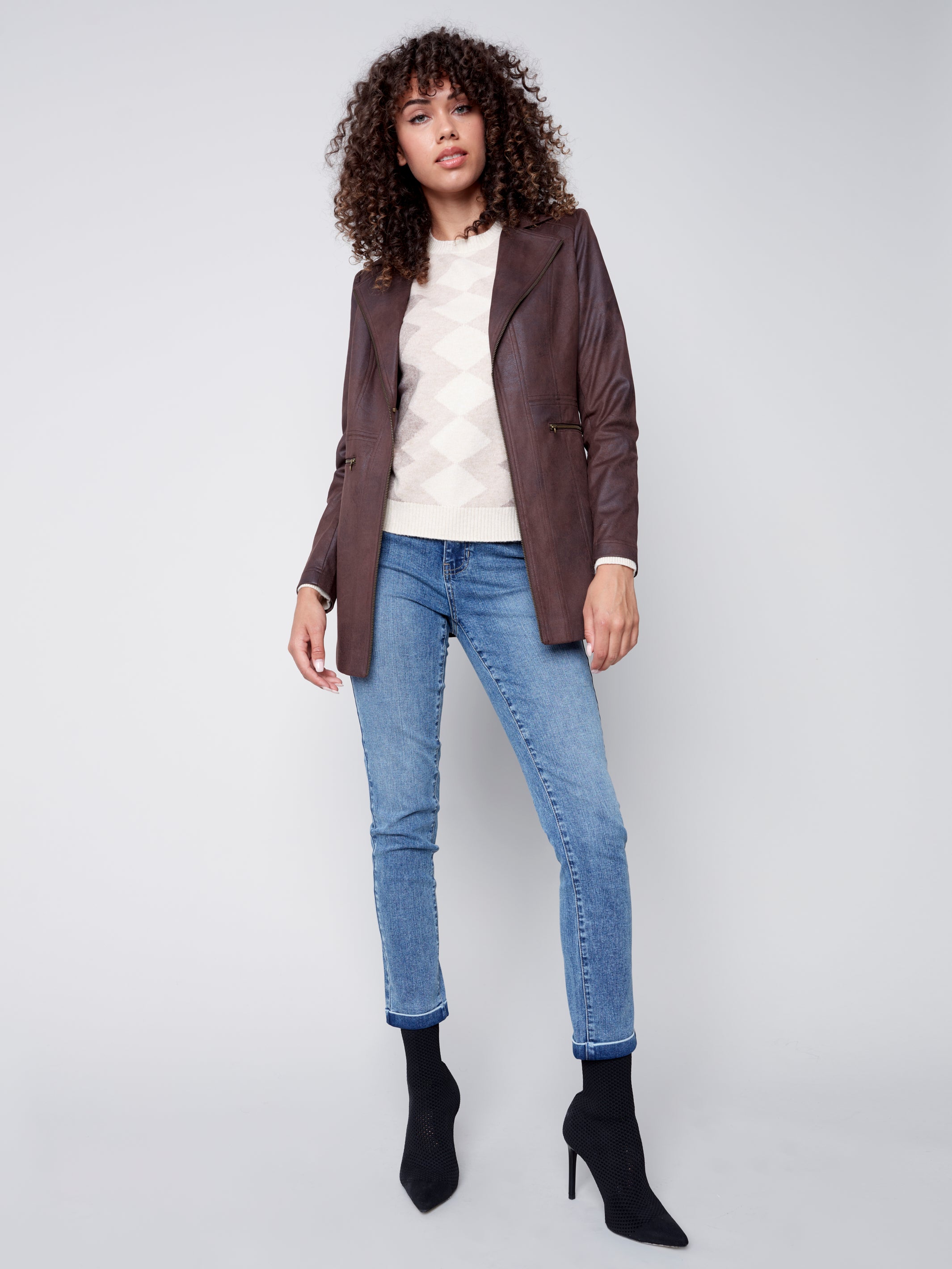 Charlie B Vintage Texture Faux Suede Long Jacket with Zipper Details - Chocolate