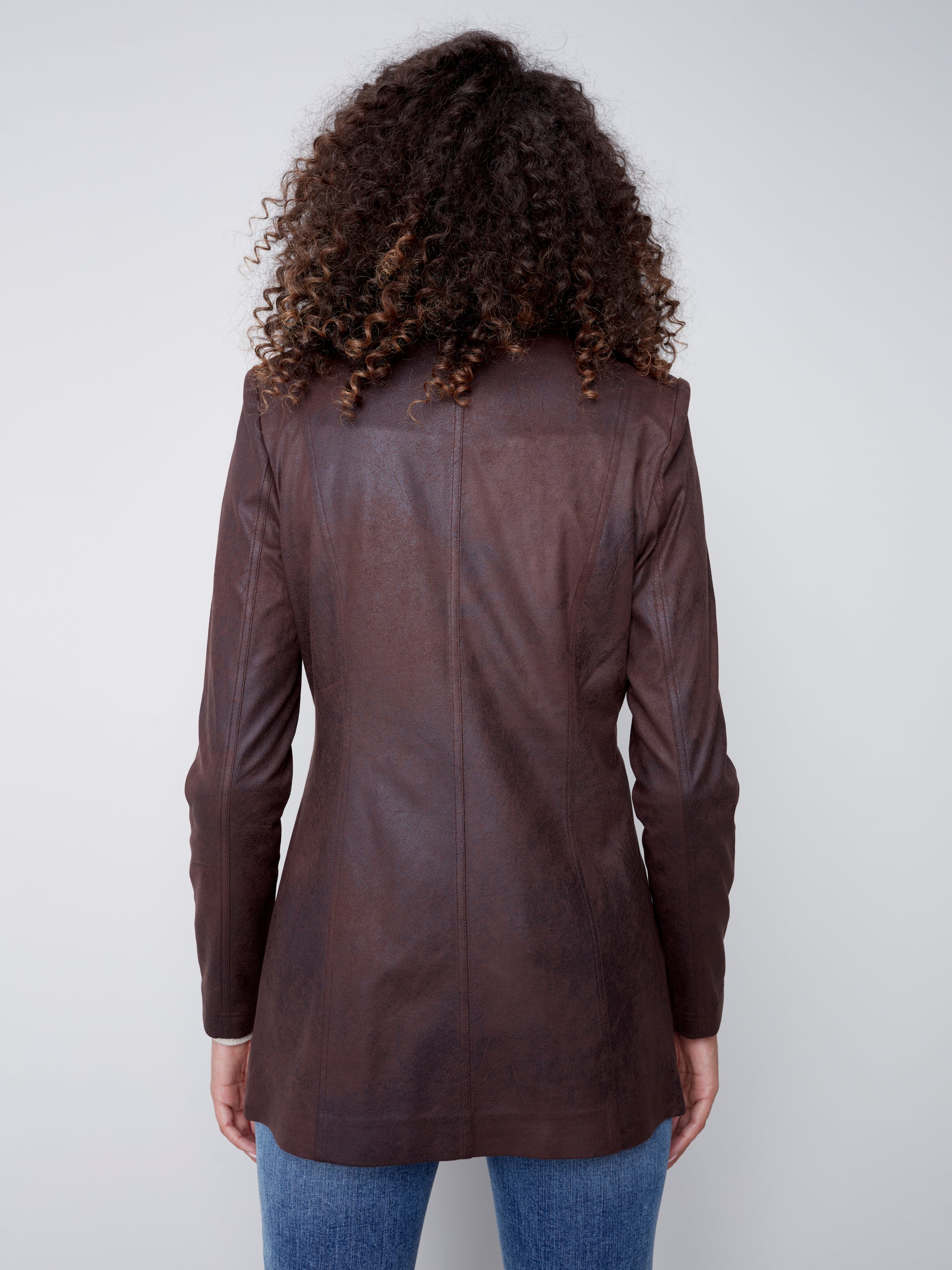 Charlie B Vintage Texture Faux Suede Long Jacket with Zipper Details - Chocolate