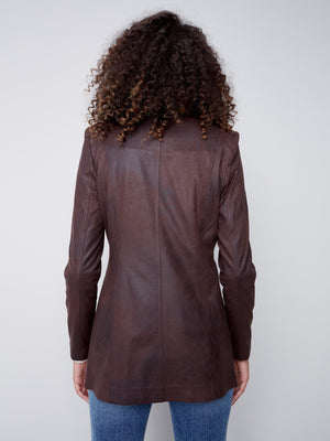 Charlie B Vintage Texture Faux Suede Long Jacket with Zipper Details - Chocolate