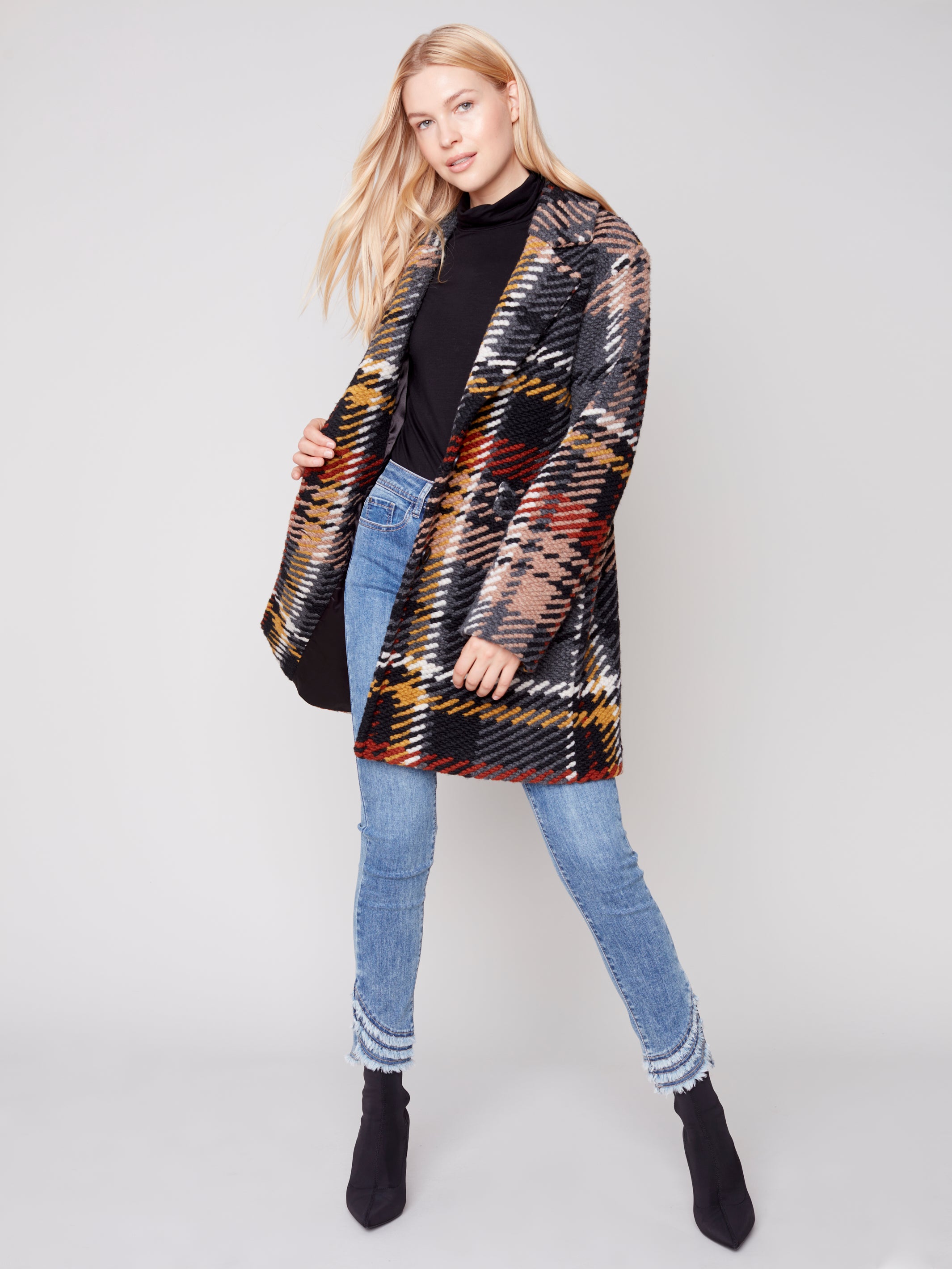 Charlie B Plaid Wool Boucle Coat with Button Front - Gold