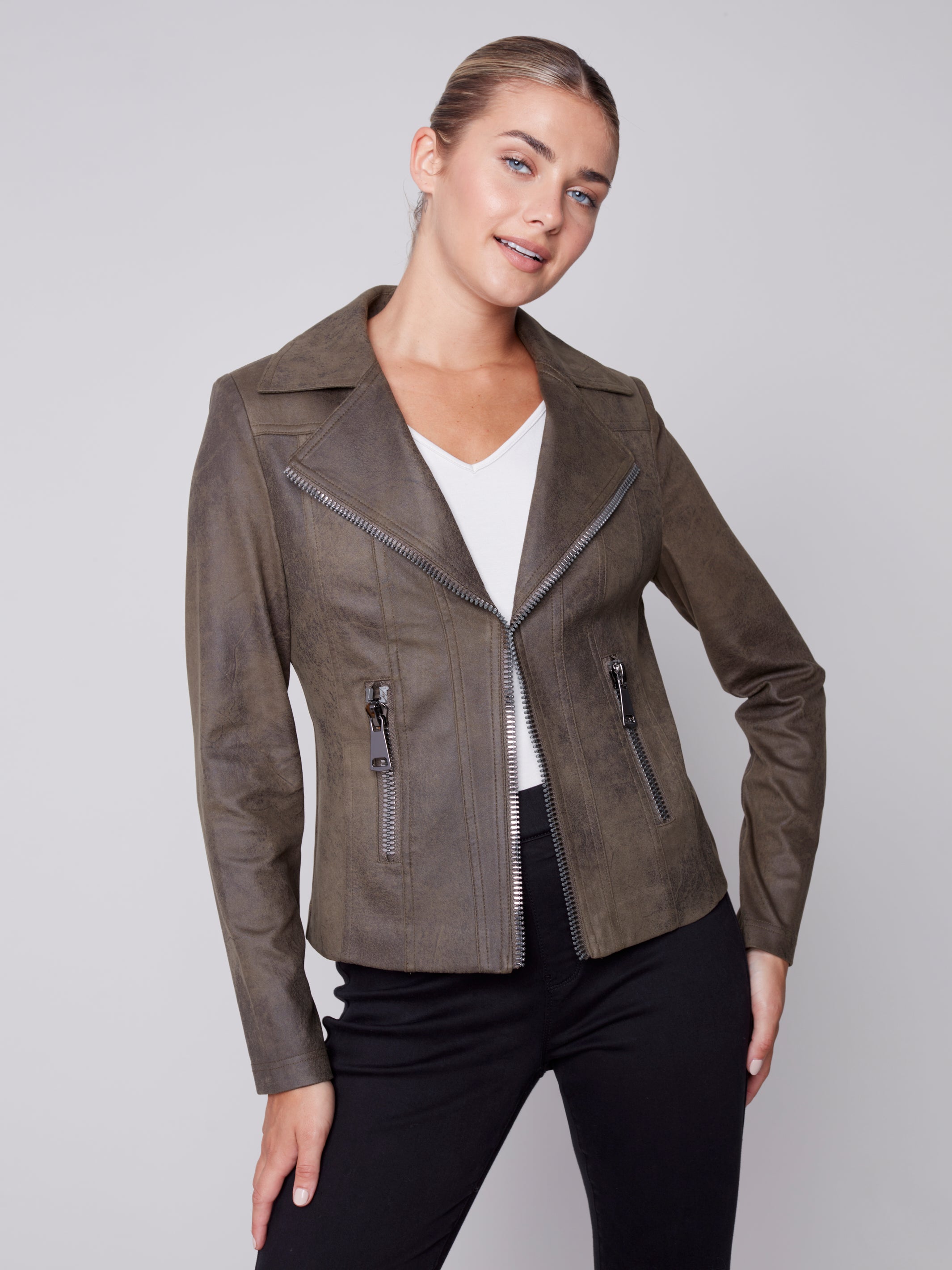 Charlie B Vintage Faux Leather Jacket with Zipper Details - Spruce