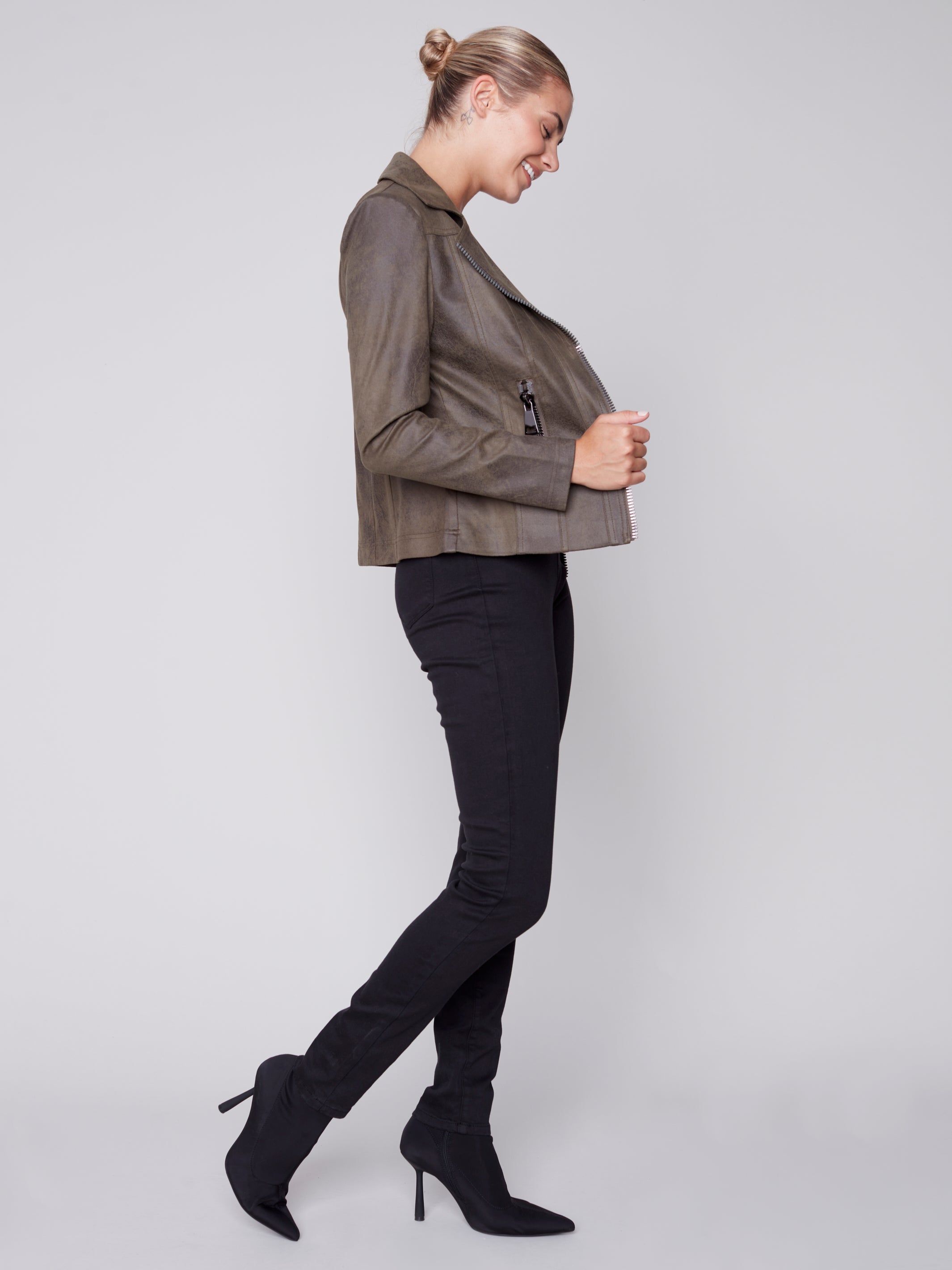 Charlie B Vintage Faux Leather Jacket with Zipper Details - Spruce