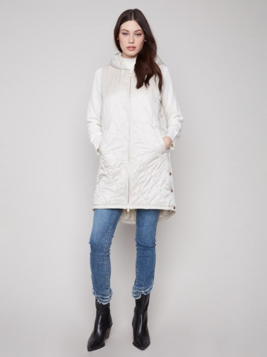 Charlie B Pearlized Long Hooded Vest - Champagne