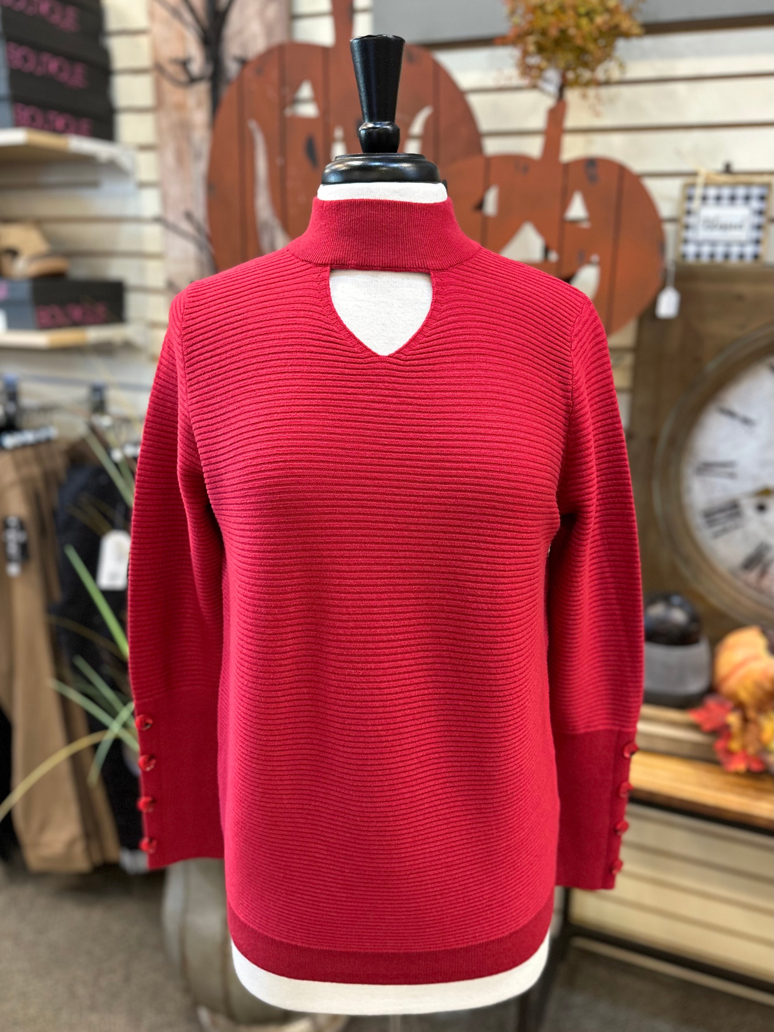 Ethyl Keyhole Mock Neck Tunic Sweater with Button Sleeve - Red