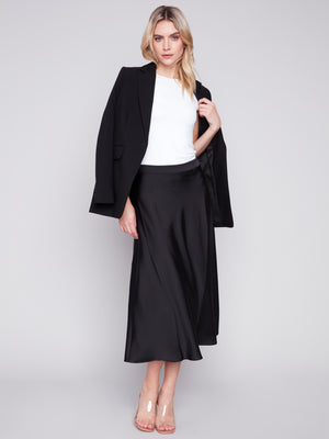 Charlie B Midi Satin Skirt with Elastic Waist Band