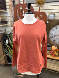 Wild Palms Drop Sleeve Top with Button Detail on Sleeve - Terracotta