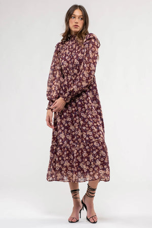 By The River by Blu Pepper Floral Midi Dress with Long Sleeves and Mock Neck