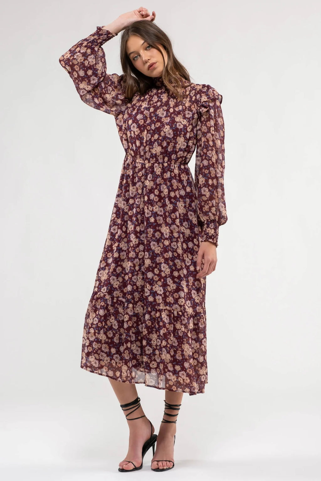 By The River by Blu Pepper Floral Midi Dress with Long Sleeves and Mock Neck