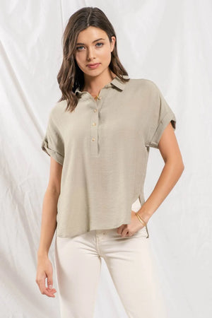 Blu Pepper Mid Button Down Short Sleeve Blouse - Olive