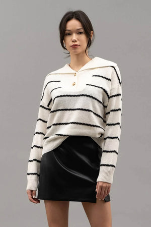 Blu Pepper Collared Striped Sweater with Button Detail