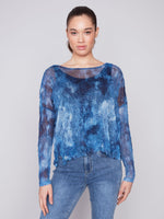 Charlie B Printed Crinkle Mesh Relax Top - Denim Tie Dye
