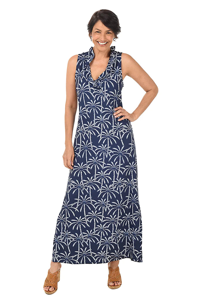 Lulu B UPF 50+ Sleeveless Maxi Palm Print Dress with Ruffle Neck