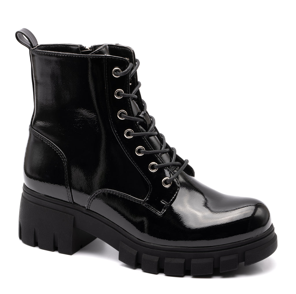 Cray Black Patent Lace-Up Boot by BOUTIQUE Corkys Footwear