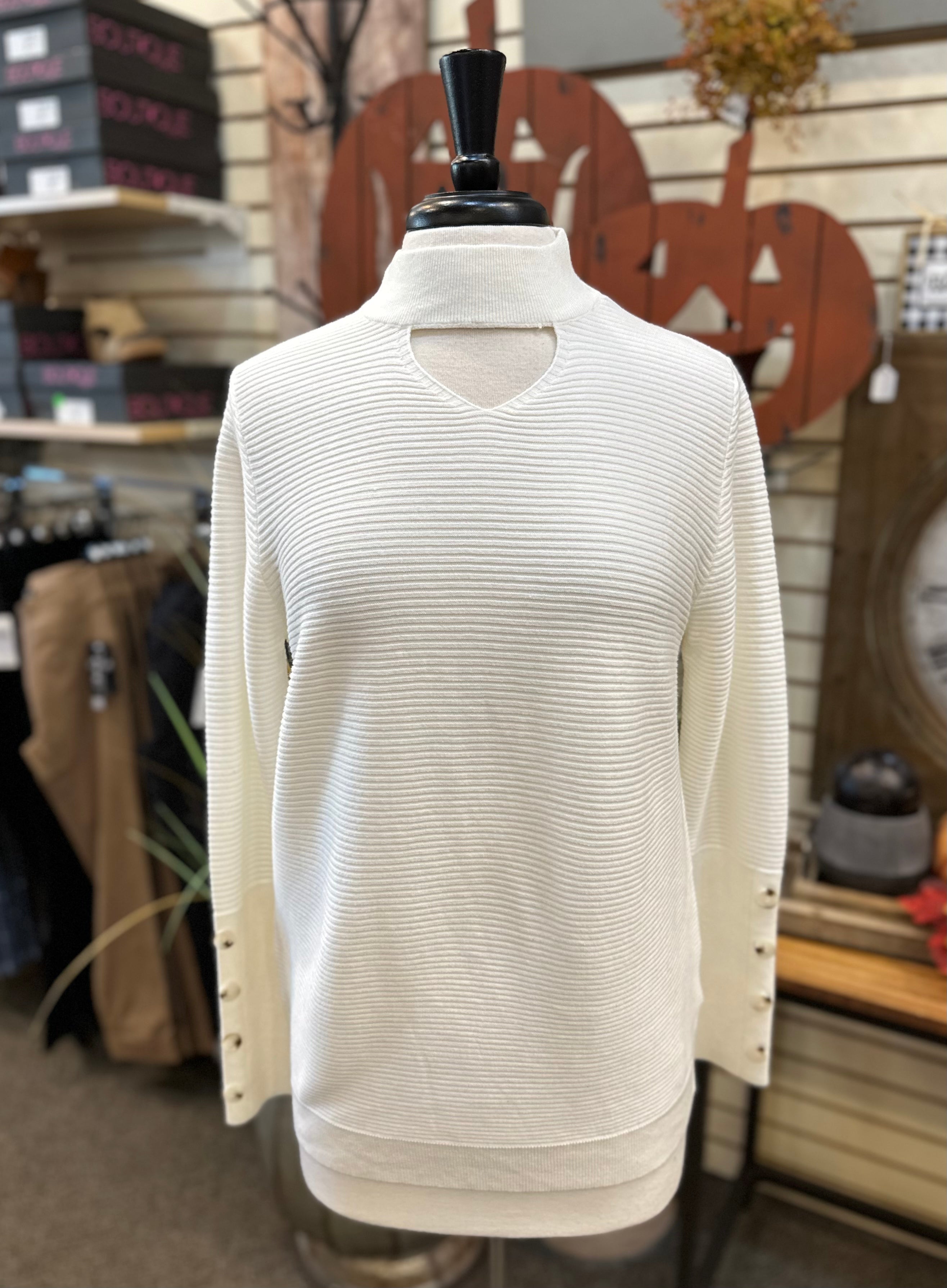 Ethyl Keyhole Mock Neck Tunic Sweater with Button Sleeve - White