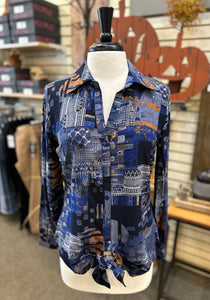 Ethyl Button Down Collared Printed Blouse with Tie Front - Navy