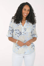 Cotton Gauze Blouse with Roll Tab Sleeve and Petal Print by DASH - Blue + Tan